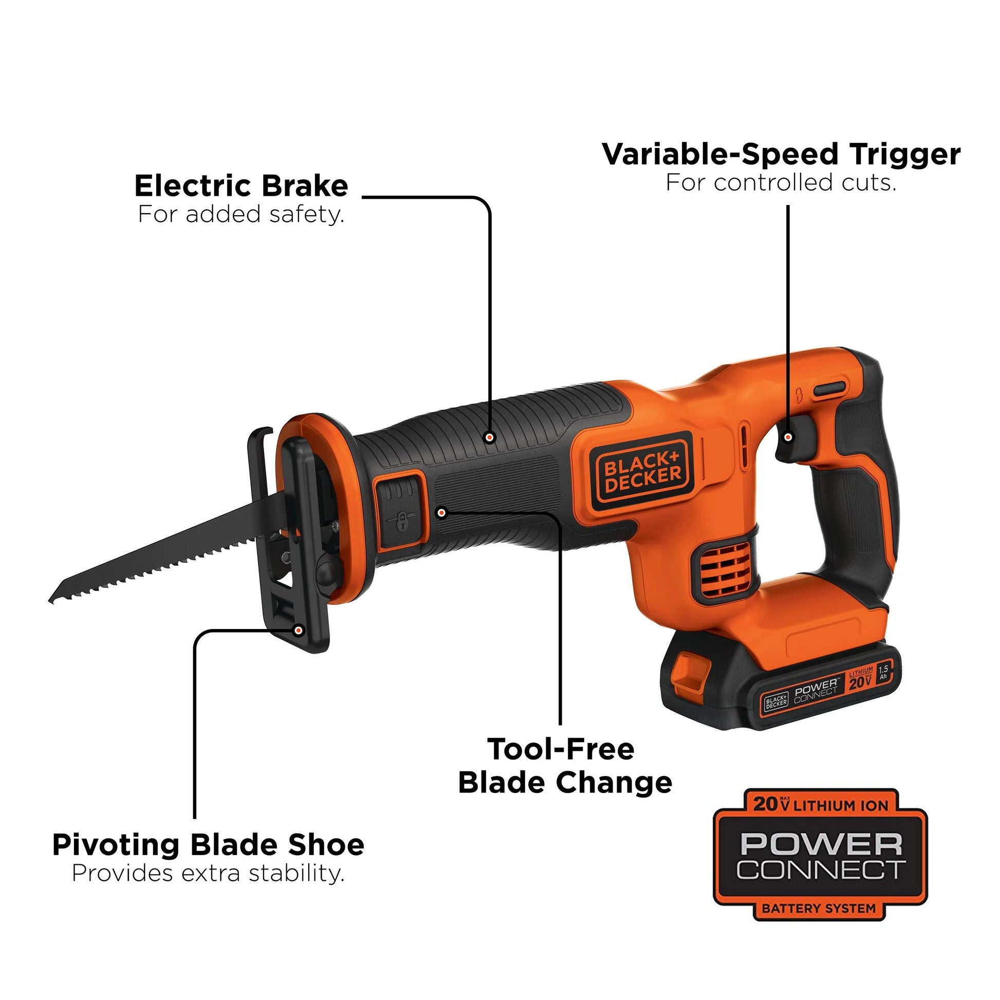 BLACK+DECKER 20V Cordless Reciprocating Saw, 1.5Ah, Battery and Charger Included