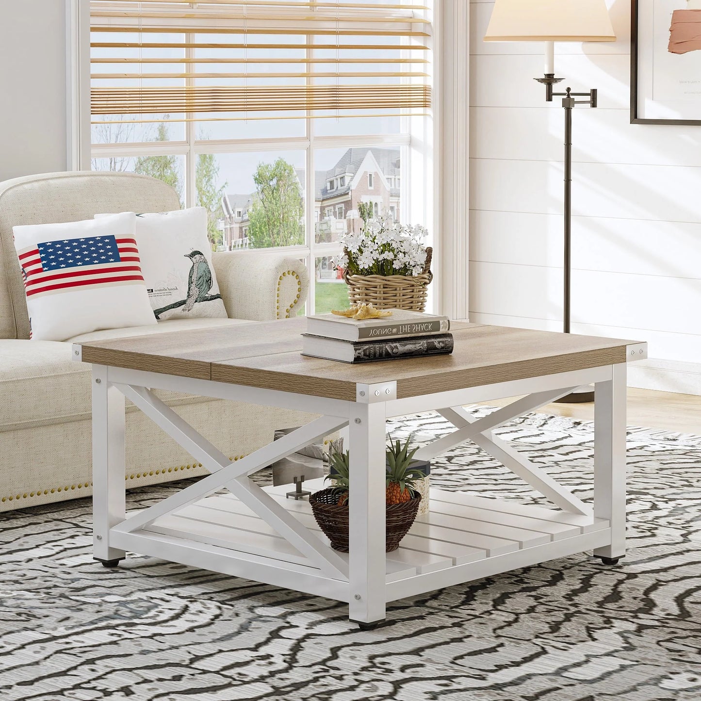 Dextrus Farmhouse Coffee Table Square Wood Center Table End Table with Open Storage Shelf for Living Room, Gray Wash