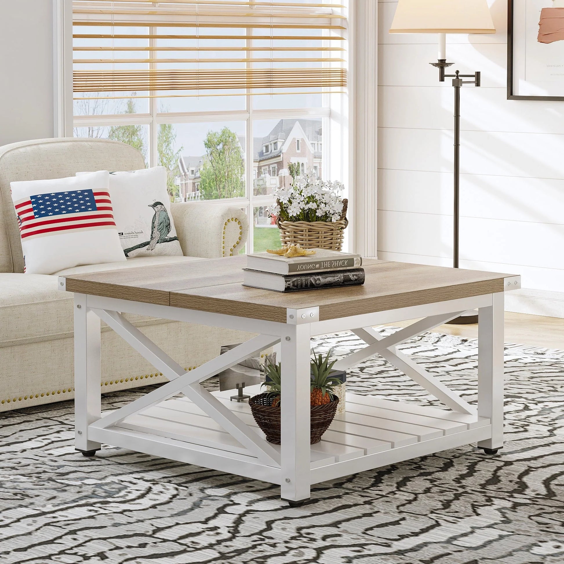 Dextrus Farmhouse Coffee Table Square Wood Center Table End Table with Open Storage Shelf for Living Room, Gray Wash