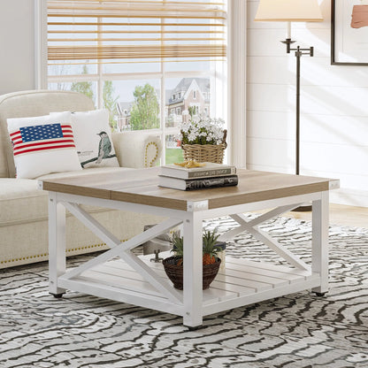 Dextrus Farmhouse Coffee Table Square Wood Center Table End Table with Open Storage Shelf for Living Room, Gray Wash