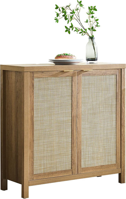 SICOTAS Sideboard Buffet Cabinet, Kitchen Cupboard Storage Cabinet with Rattan Doors and Shelves for Kitchen, Living Room, Bedroom