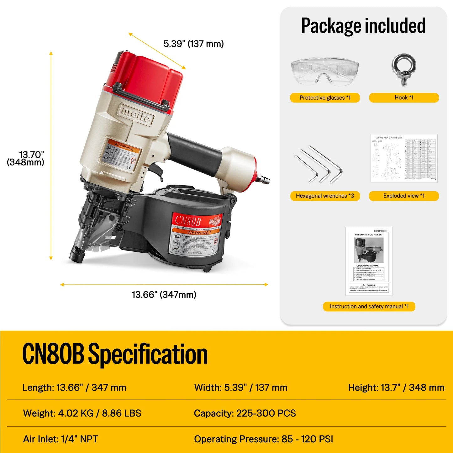 MEITE CN80B Pneumatic Coil Siding Nailer 15 Degree 2" to 3-1/4" Industrial Coil Nail Gun