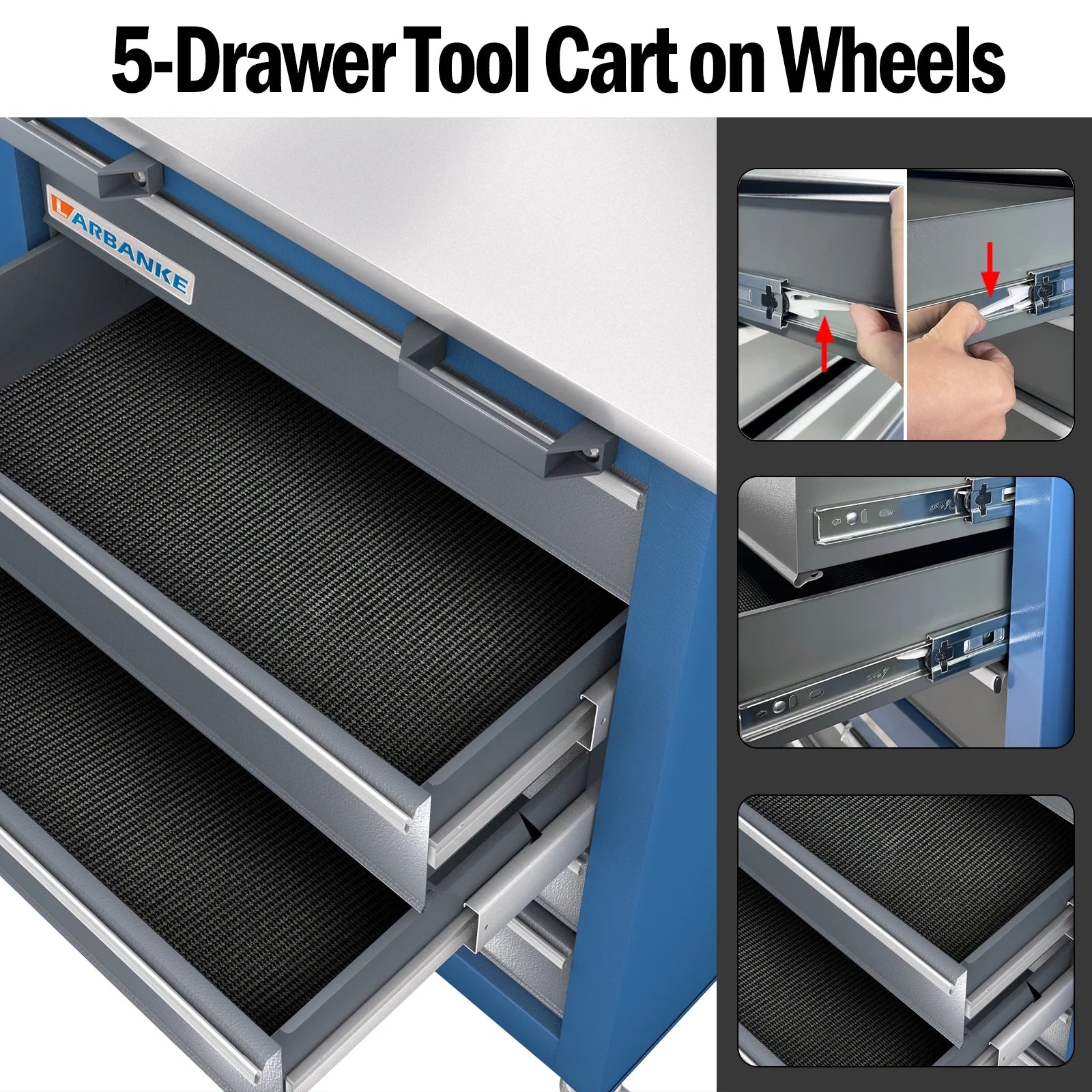 LARBANKE 5 Drawer Rolling Tool Chest, Metal Tool Cabinet with Wheels, Drawers with Padding, Can Be Combined