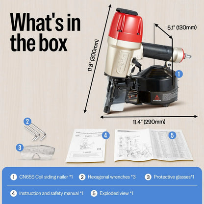 MEITE CN65S Pneumatic Coil Siding Nailer with Safety Nose, 15-16 Degrees 1-1/2" to 2-1/2"Coil Nail Gun Lightweight