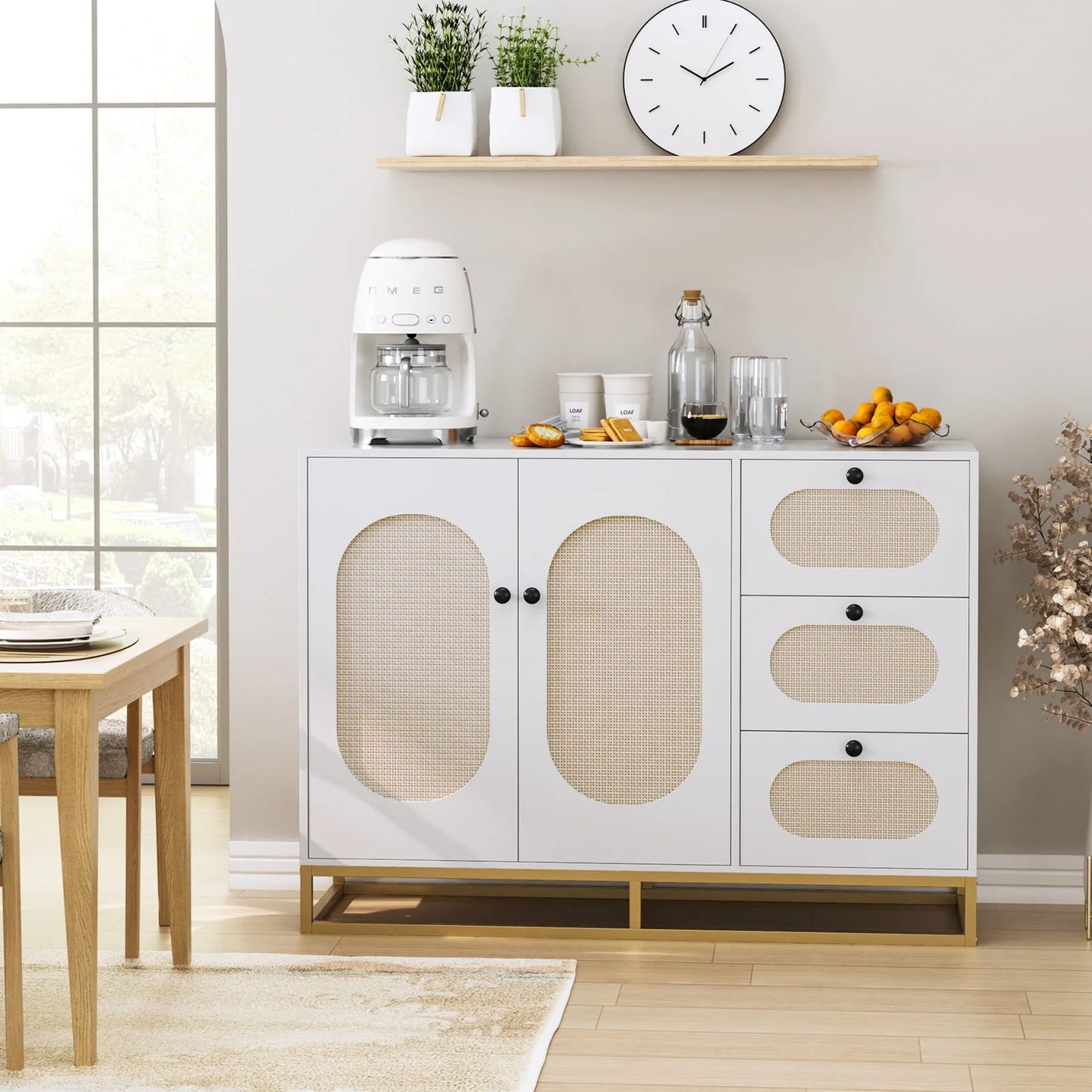 Homfa 3 Drawers Accent Storage Cabinet, 34.2"H Gold Buffet Sideboard with Rattan Doors for Living Room, White