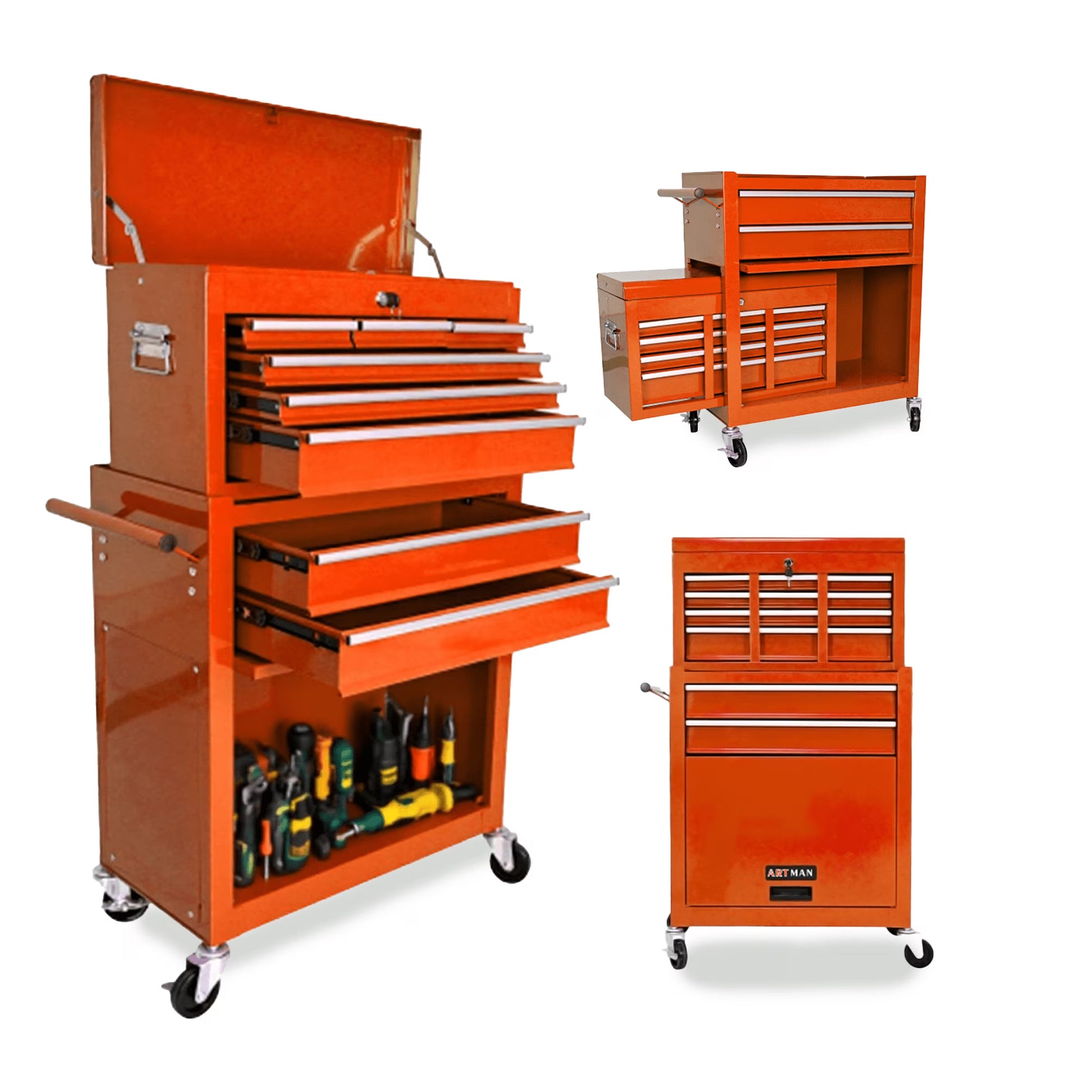 ARTMAN 2-IN-1 High Capacity 8-DrawerTool Box, Rolling Storage Tool Chest Cabinet with Wheels and Drawers for Garage Workshop Warehouse