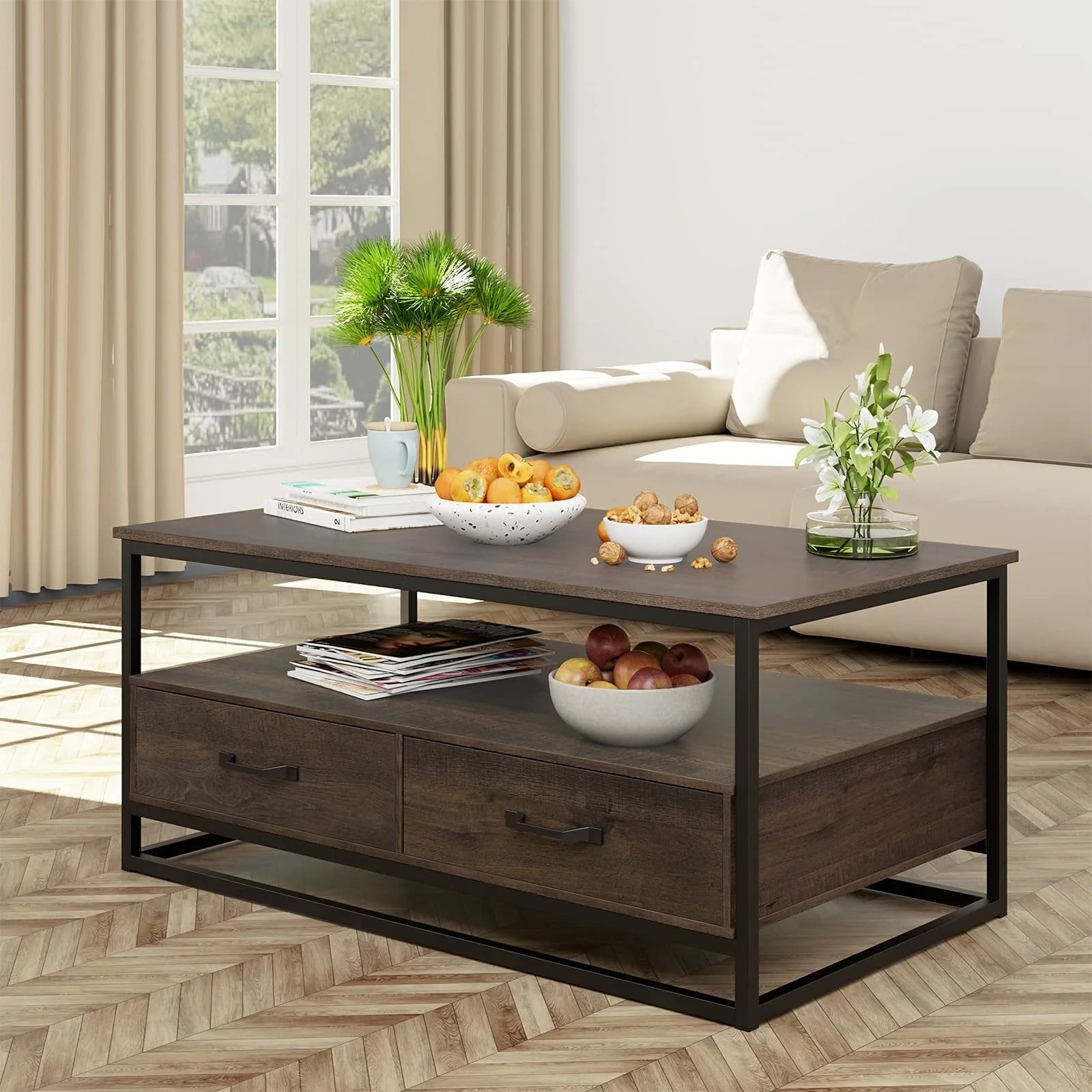 Homfa 43" Coffee Table with Storage Drawers, Wooden TV Stand Center Table for Living Room, Dark Brown