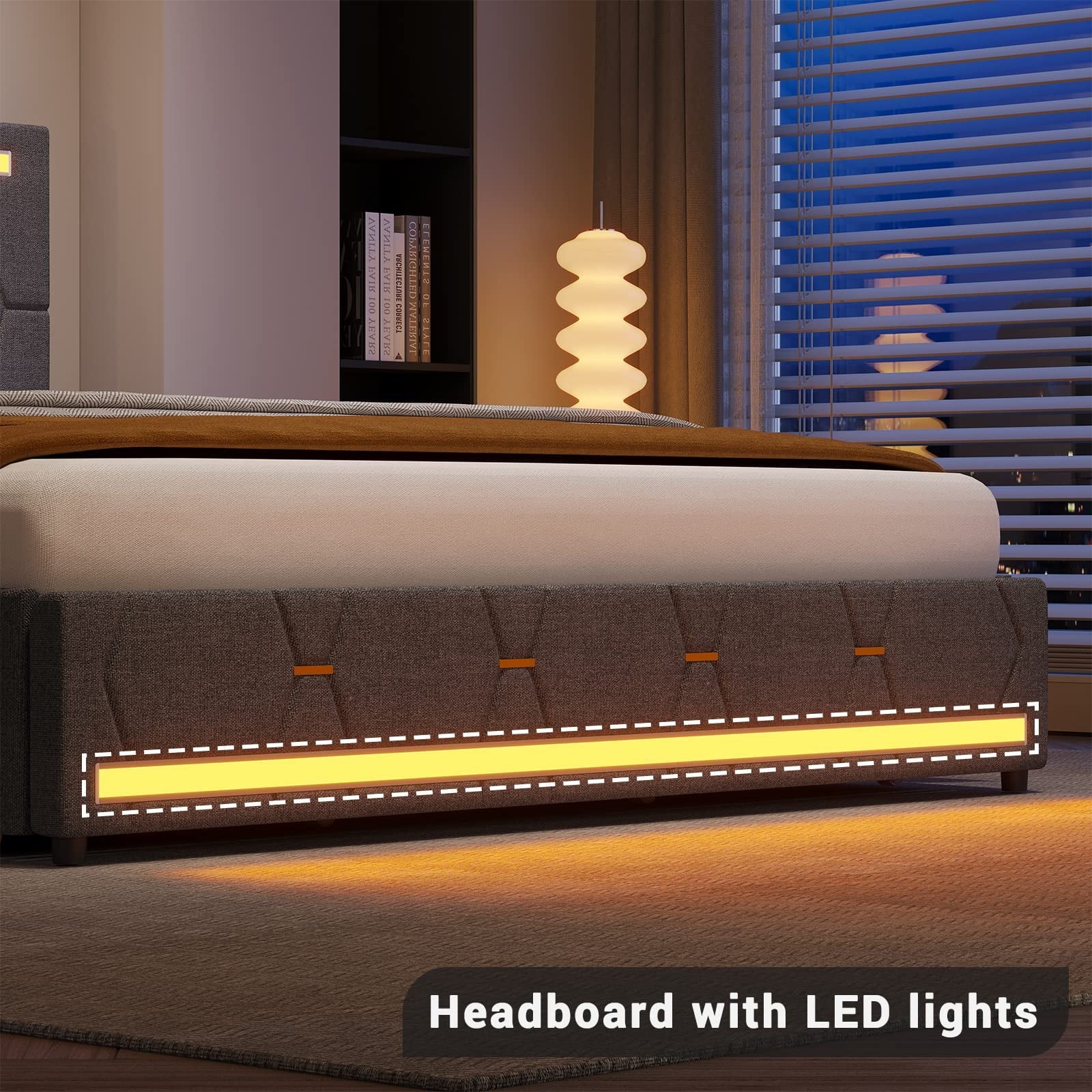 Tiptiper Queen Size Bed Frame with 2 USB Charging Station, Upholstered LED Bed Frame with 4 Drawers, Platform Storage Bed with LED Lights Headboard & Footboard, No Box Spring Needed, Dark Gray