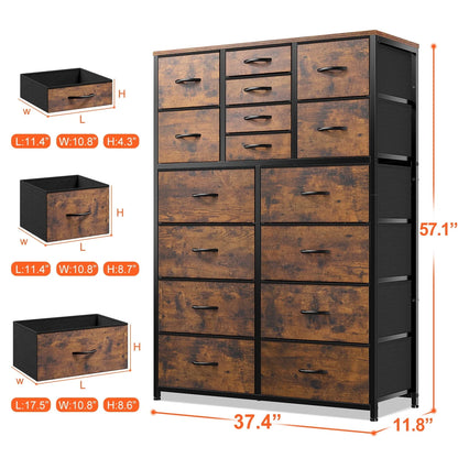 EnHomee Large Dresser for Bedroom Furniture Dresser with 16 Drawers Fabric Tall Dresser Closet Dresser Chest of Drawers Clothes Storage Slim for Living Room Office, Rustic Brown Wood Grain Print