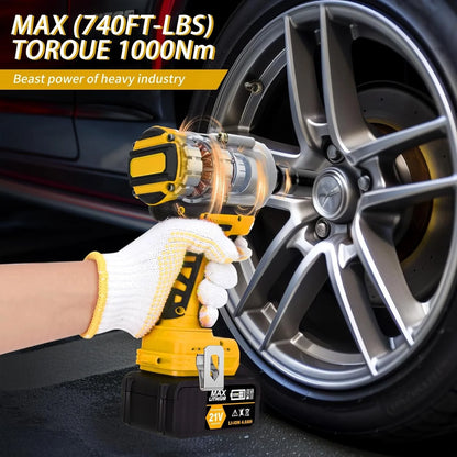 1000N.m(740ft-lbs) Cordless Impact Wrench, 1/2 Inch High Torque Brushless 21V Impact Gun w/2 x 4.0Ah Battery & Fast Charger & 5 Sockets, Pistola De Impacto for Home Car Tires Truck Mower