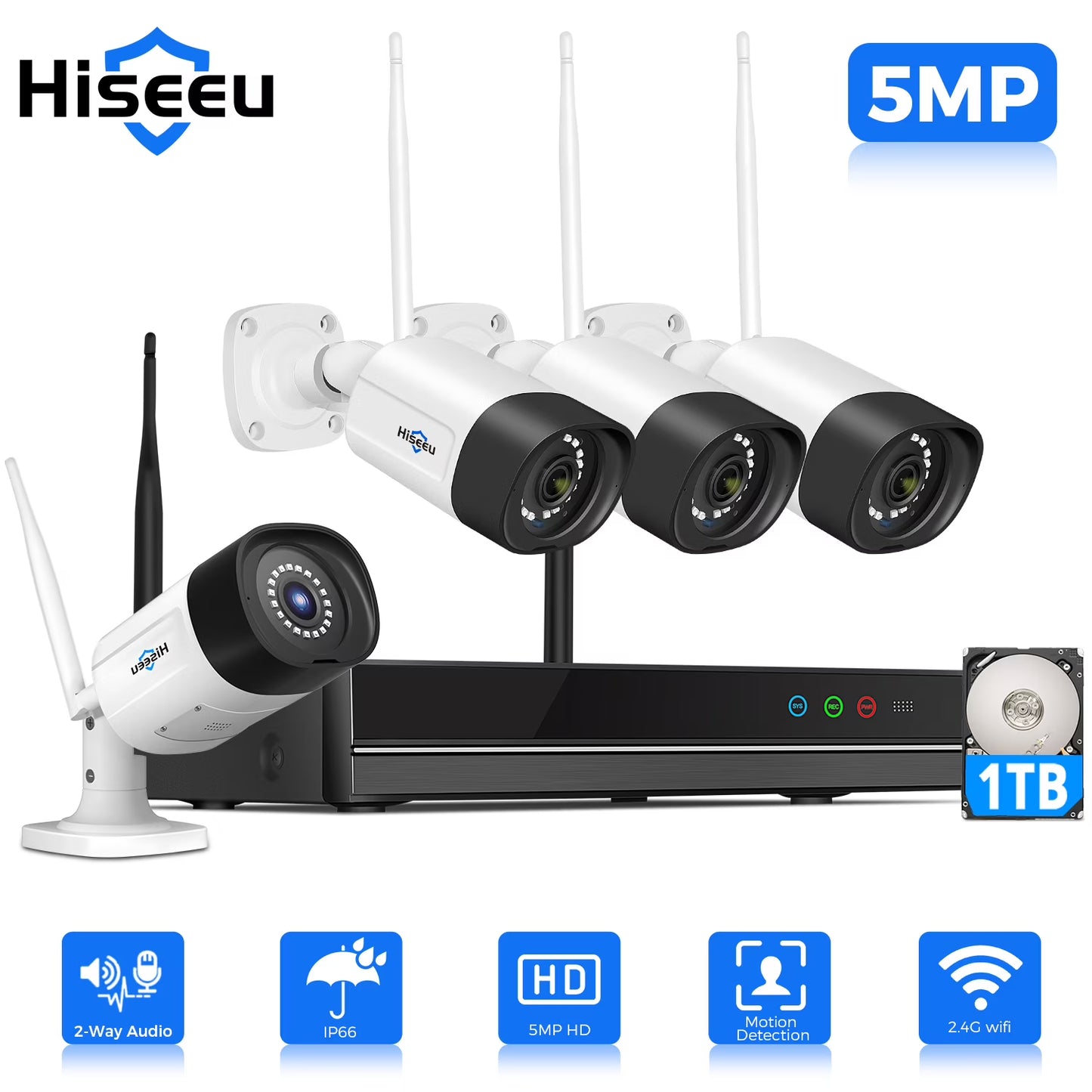 Hiseeu Wireless Security System w/4 Cameras, 2 Way Audio, & 1TB Hard Drive