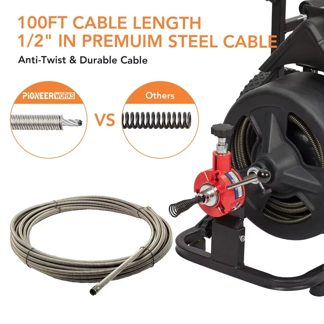Drain Cleaner Machine 100FT x 1/2 Inch, Auto Feed Sewer Snake Auger on Wheels, with 6 Cutters, Electric Drain Clog Remover Plumbing Tool for 1-4" Pipes