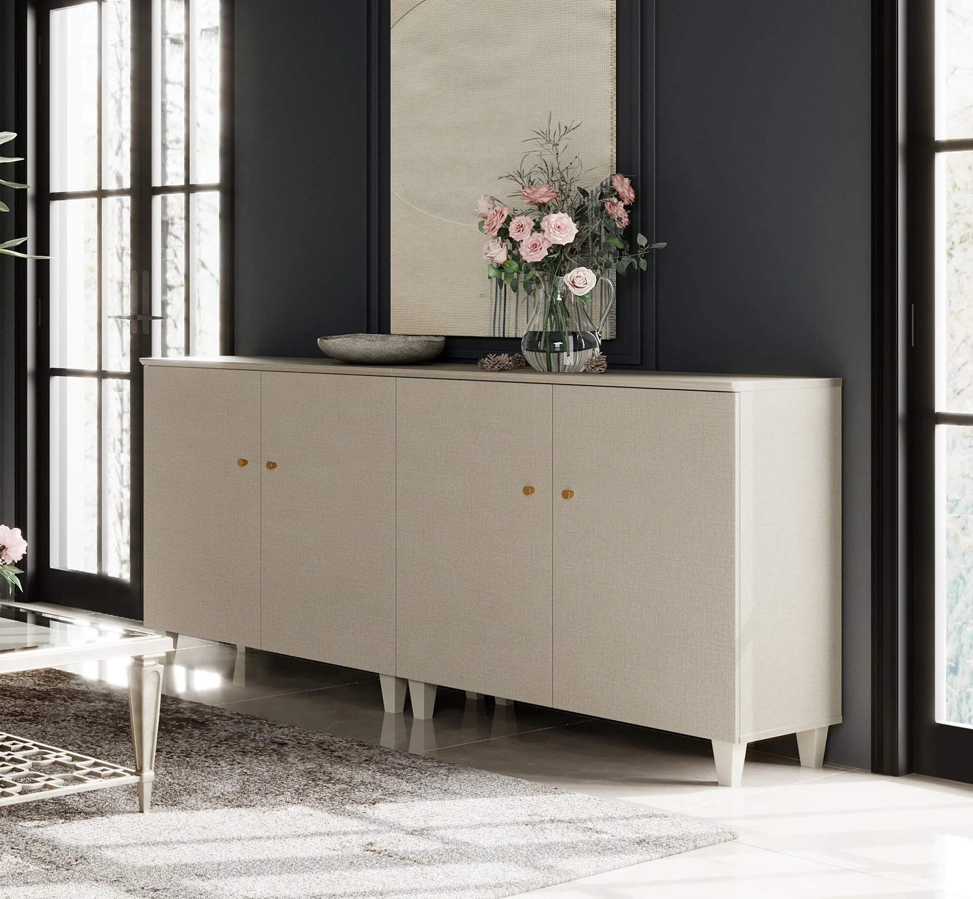 Sideboard Buffet Server Cabinets with Doors, 70.8" Kitchen Wood Coffee Bar Table, 2 -In-1 Storage Cabinets with 6 Compartments for Dining Room, Living Room, Entryway, Beige Faux Linen Textured Finish