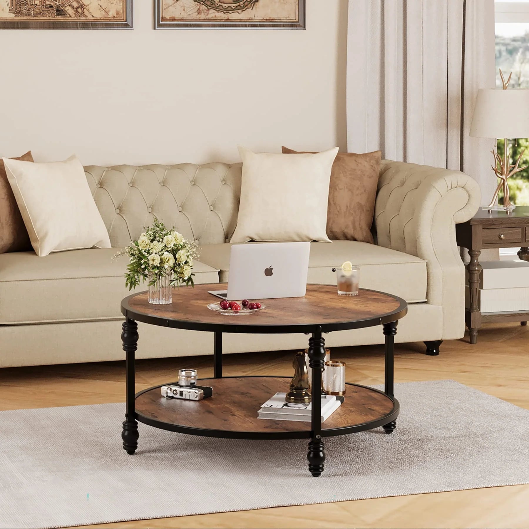 Round Coffee Table with Storage Shelf, Brown Wood 2 Tier Center Table with Metal Leg