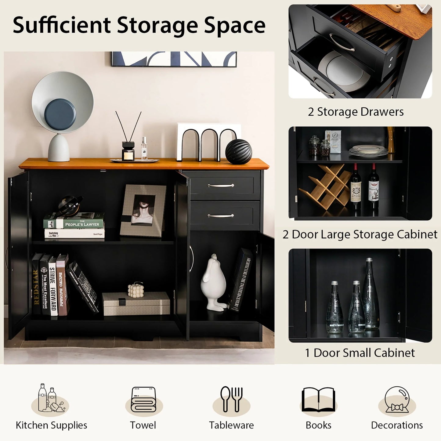 Costway Buffet Sideboard Kitchen Cupboard Storage Cabinet with 2 Drawers & 3 Doors Black