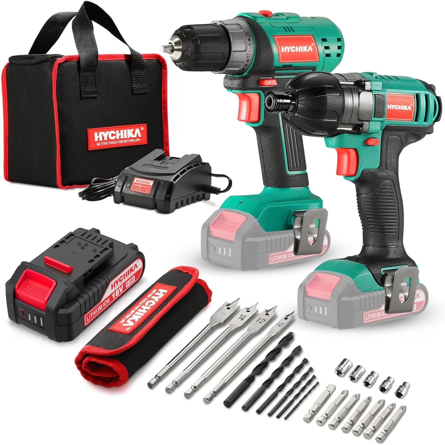 Cordless Drill Driver and Impact Driver 20V, HYCHIKA Drill Combo Kit, 1H Fast Charging, 22PCS Accessories for Drilling Wood, Metal and Plastic