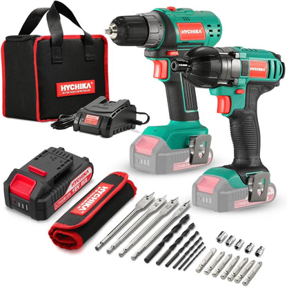 Cordless Drill Driver and Impact Driver 20V, HYCHIKA Drill Combo Kit, 1H Fast Charging, 22PCS Accessories for Drilling Wood, Metal and Plastic