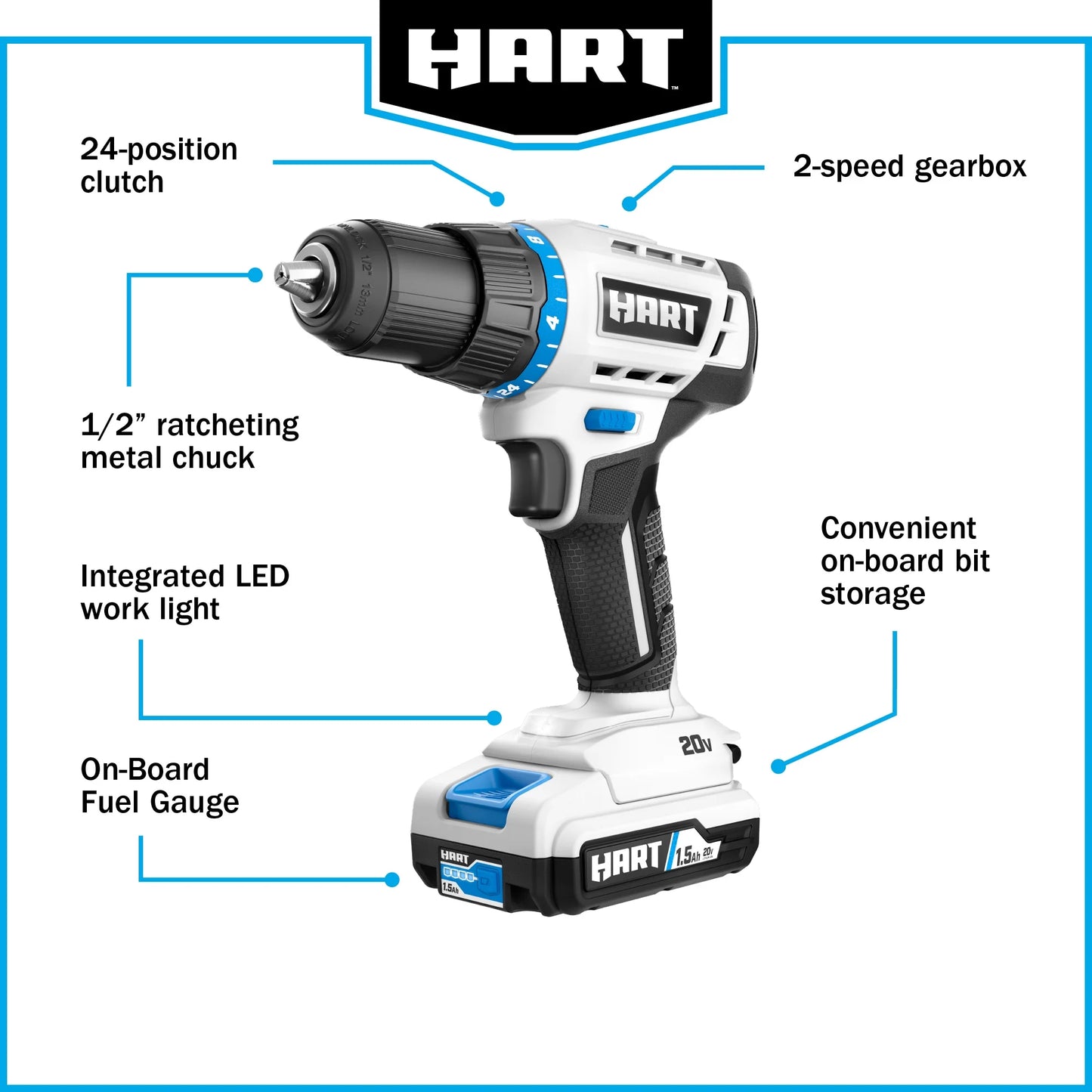 HART 20-Volt 1/2-inch Cordless Drill/Driver Kit, (1) 1.5Ah Lithium-Ion Battery, Gen 2