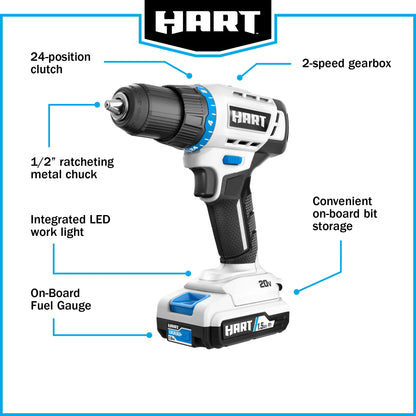 HART 20-Volt 1/2-inch Cordless Drill/Driver Kit, (1) 1.5Ah Lithium-Ion Battery, Gen 2