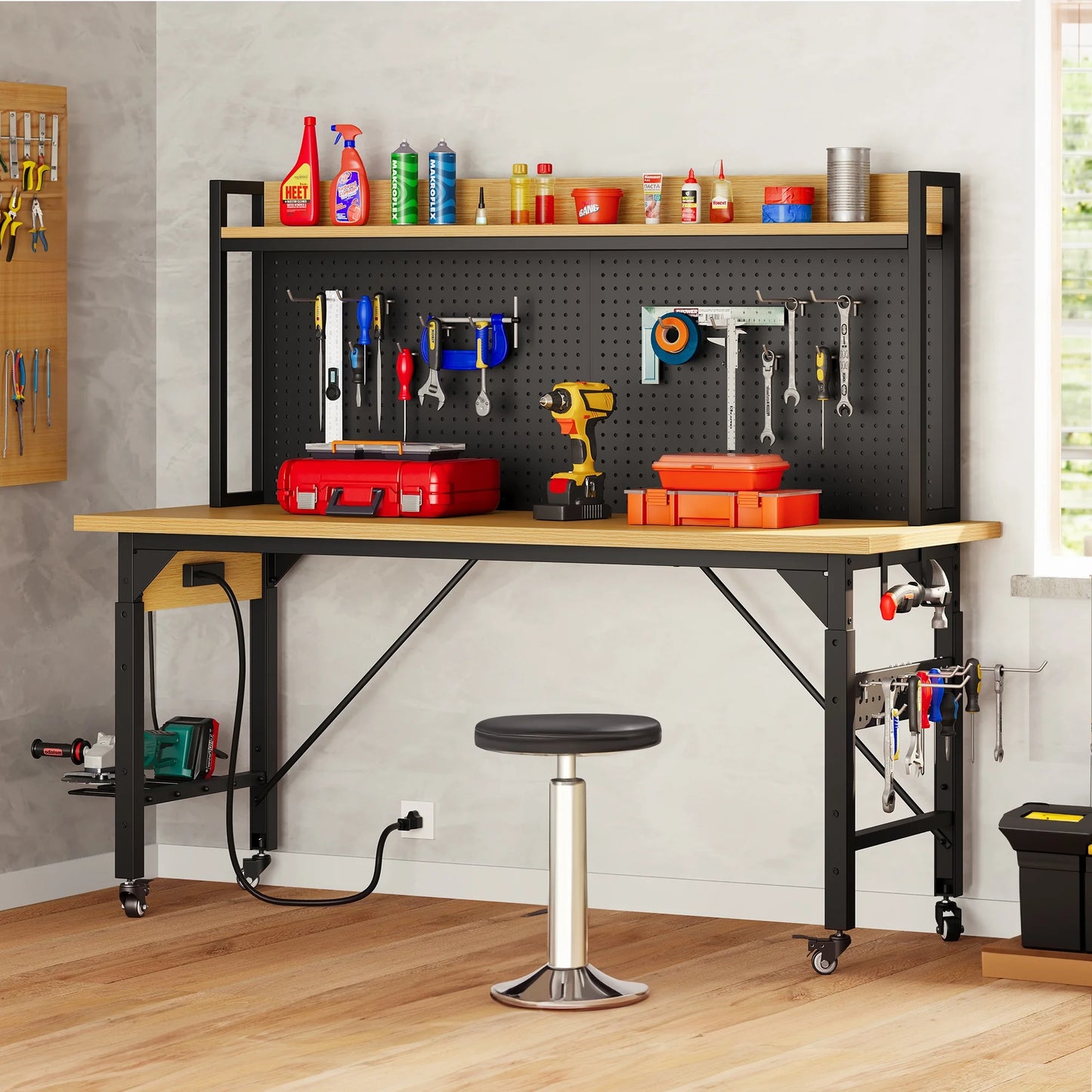 DEXTRUS Multifunctional Workbench with Wheels, 59.1" x 23.6" with Pegboard Worktable w/Power Outlets, A3 Steel Work Bench For Garage max. Heavy Duty Workbench 2000lbs Weight Capacity