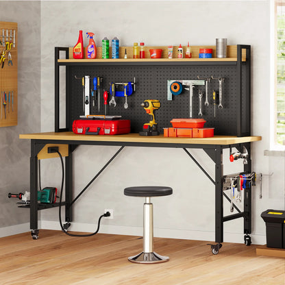 DEXTRUS Multifunctional Workbench with Wheels, 59.1" x 23.6" with Pegboard Worktable w/Power Outlets, A3 Steel Work Bench For Garage max. Heavy Duty Workbench 2000lbs Weight Capacity
