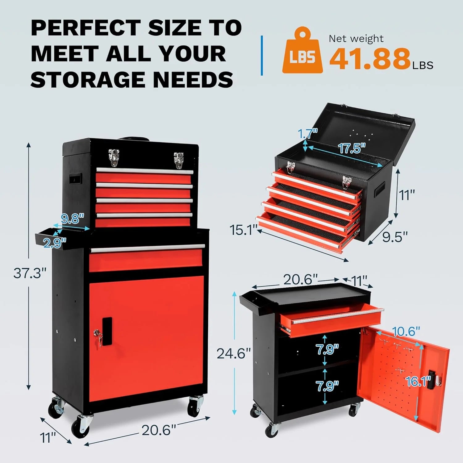 Rolling Tool Box, 5 Drawer Tool Chest with Wheels, Tool Box Organizer with Detachable Top, Lockable Drawers & Sliding Storage for Garage & Workshop