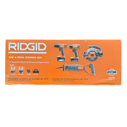 RIDGID 18V Cordless 4-Tool Combo Kit with (1) 4.0 Ah Battery, (1) 2.0 Ah Battery, Charger, and Bag