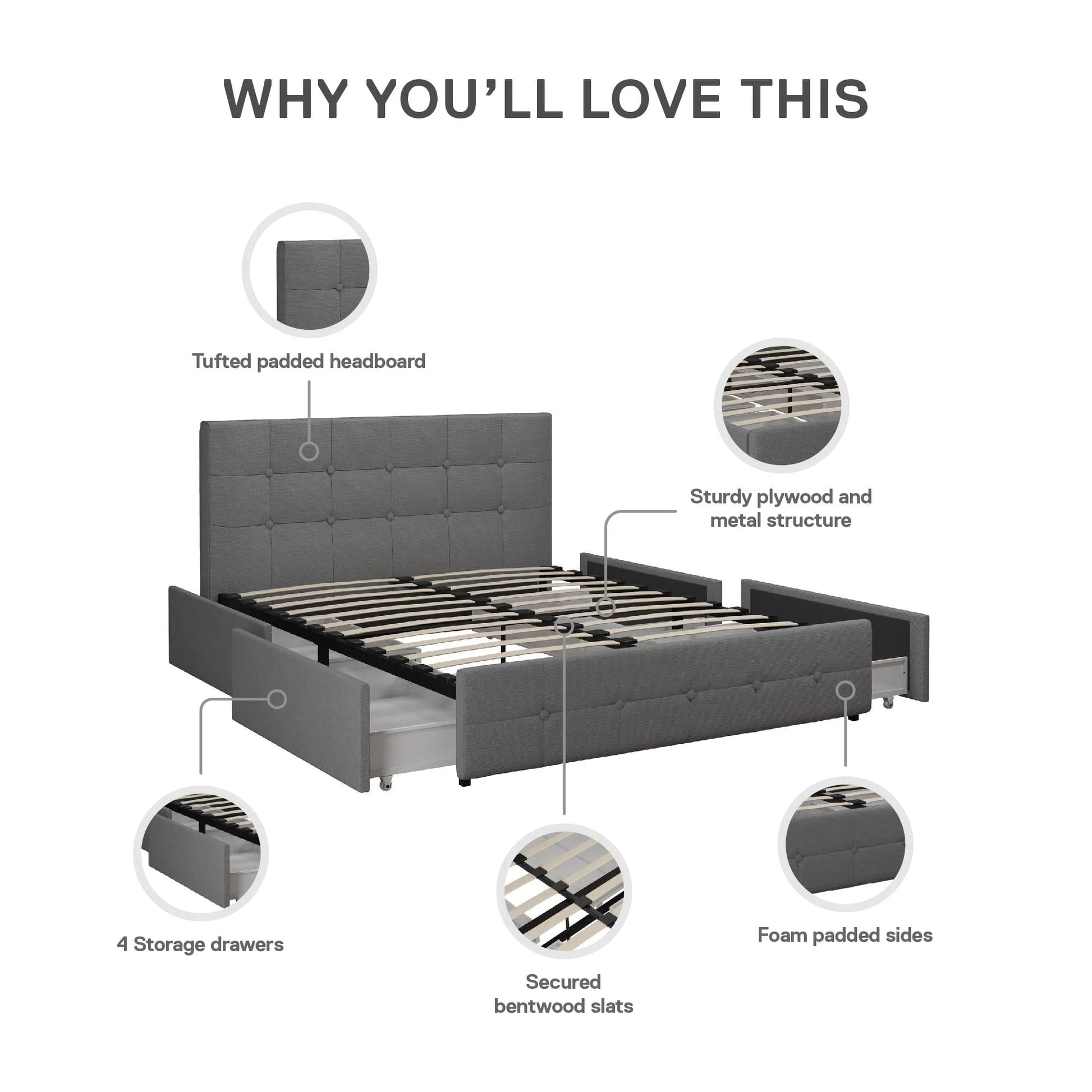 DHP Rose Tufted Upholstered Storage Bed Frame, Full, Gray Linen