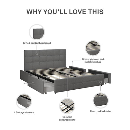 DHP Rose Tufted Upholstered Storage Bed Frame, Full, Gray Linen