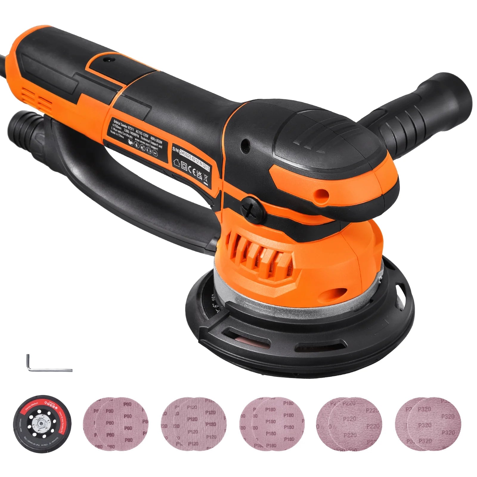 KFFKFF Eccentric Sander,Dual Function 6-Inch DA & GA Orbital Sander,850W 7400PRM with 6 Adjustable Speeds,Electric Hand Sander including 10PCS Sandpapers,Dust Attachment for Detailed Woodwork Sanding