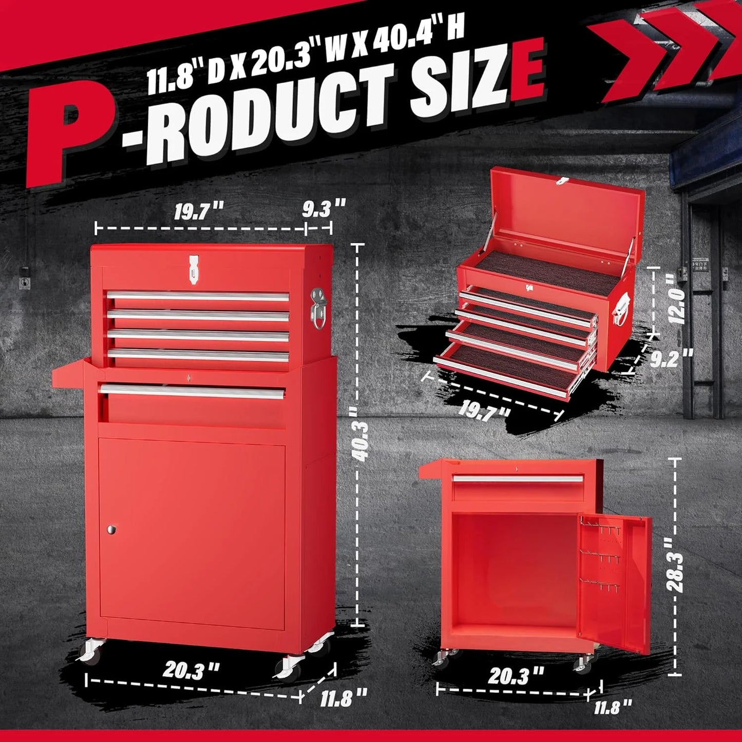 SOLAURA 5-Drawer Rolling Tool Chest Cabinet Metal Tool Storage Box Lockable with Wheels, Red