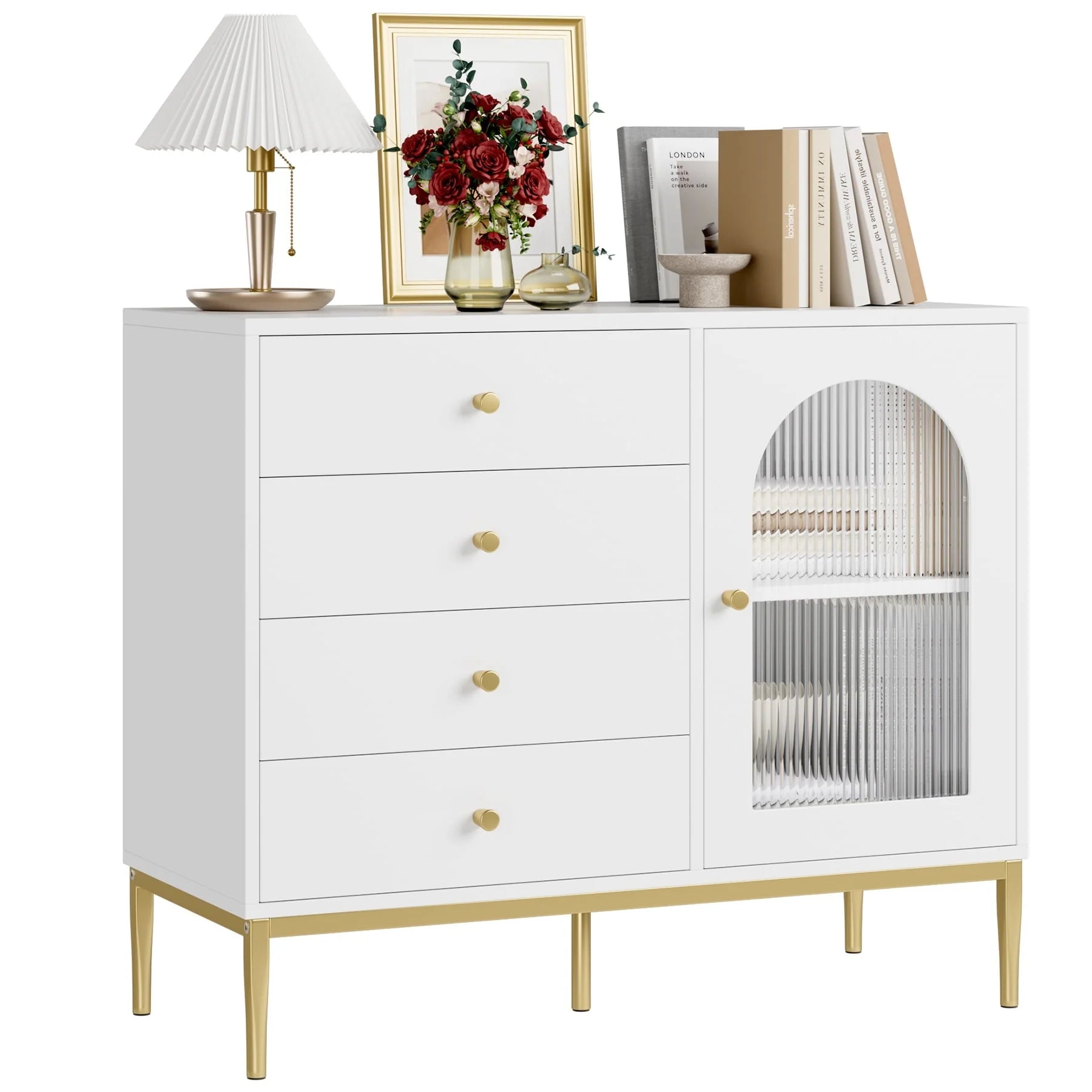 Homfa 4 Drawer Storage Cabinet, Modern Wooden Cupboard with Frosted Glass for Living Room, White Finish