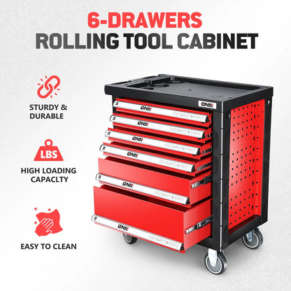 DNA Motoring TOOLS-00395 Garage Warehouse Workshop 6-Drawer Plastic Top Tray Rolling Tool Cabinet Chest With 4 Casters Red