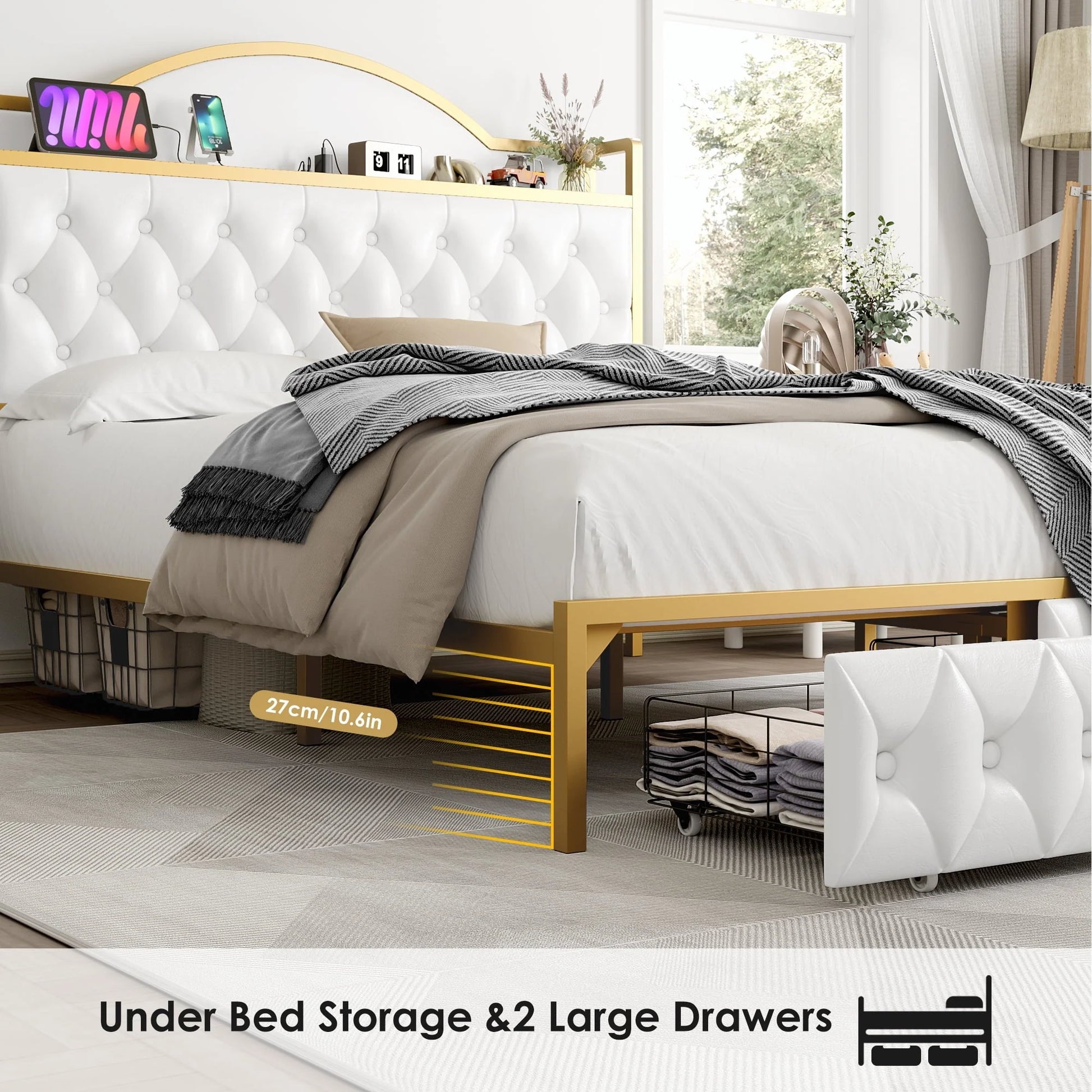 Homfa Queen Size Storage Bed with 2 Drawers, PU Leather Upholstered Bed with Shelving and Charging , White