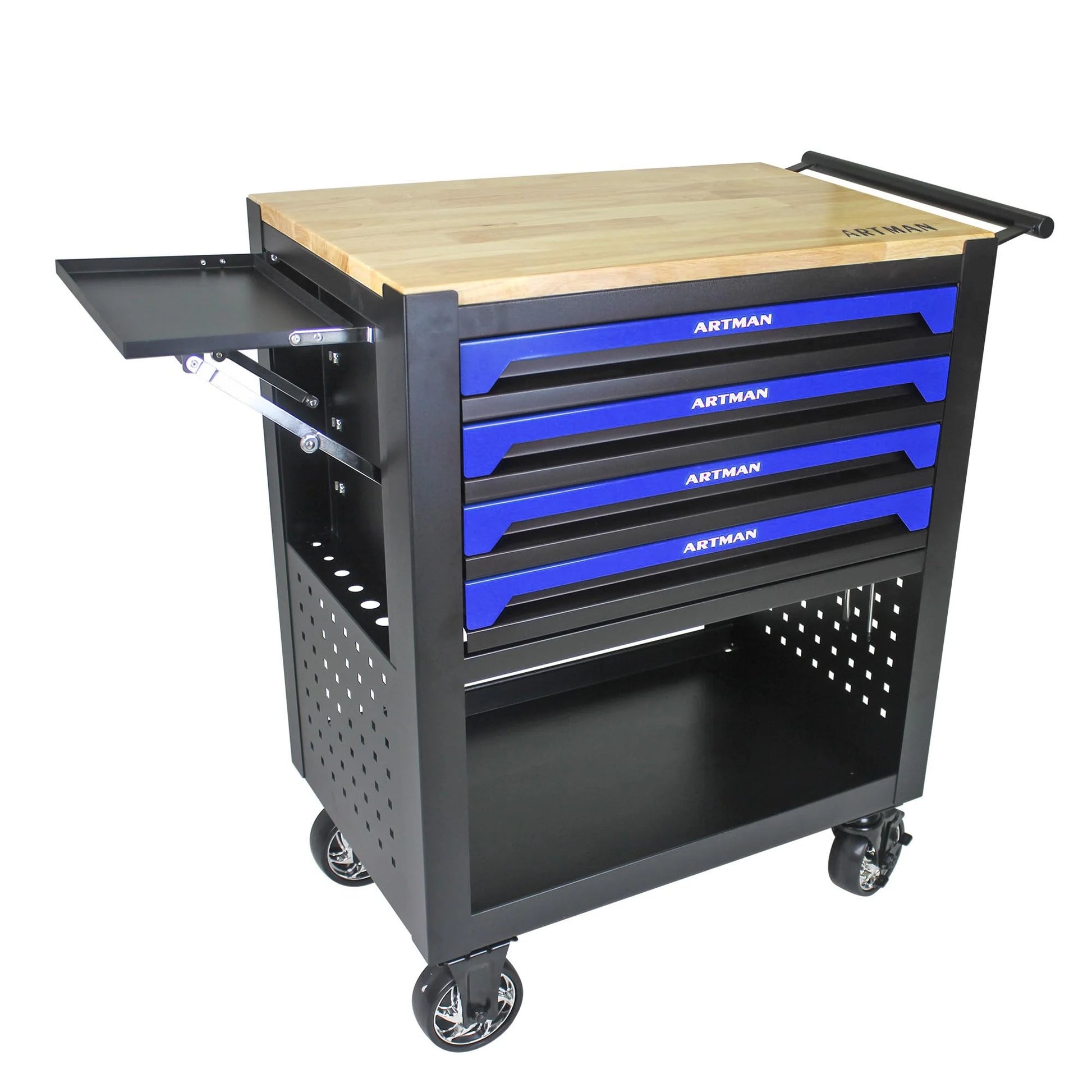 NIGSQJB 4 Drawers Tool Chest on Wheels, 35.4"H Tool Storage Cart with Wooden Top,Drawers Rolling Tool Box Organizer Tool Case with Lock for Garage,Warehouse,Workshop,Repair Shop, Blue Black