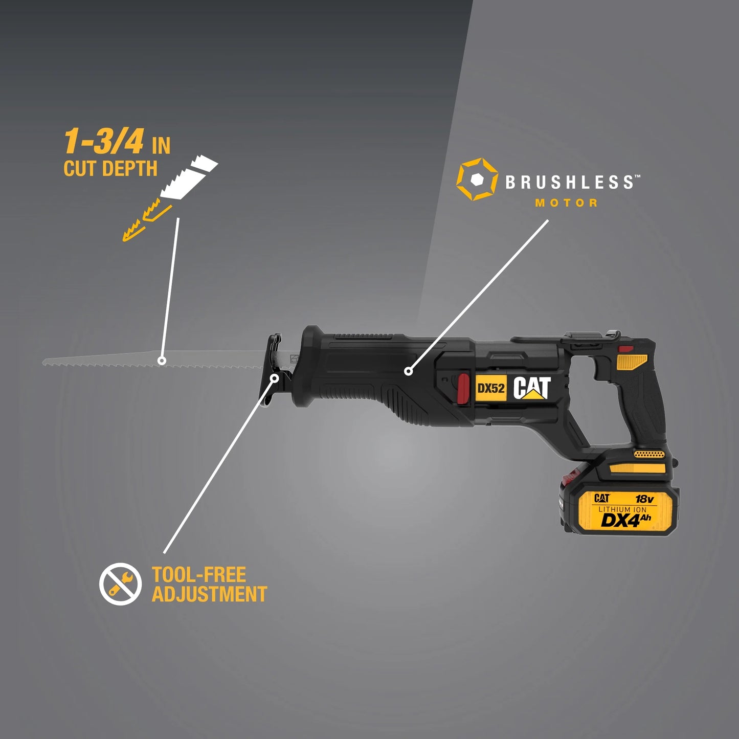 Caterpillar Cat DX52 18V Cordless Brushless Reciprocating Saw with 3000 SPM Variable Speed