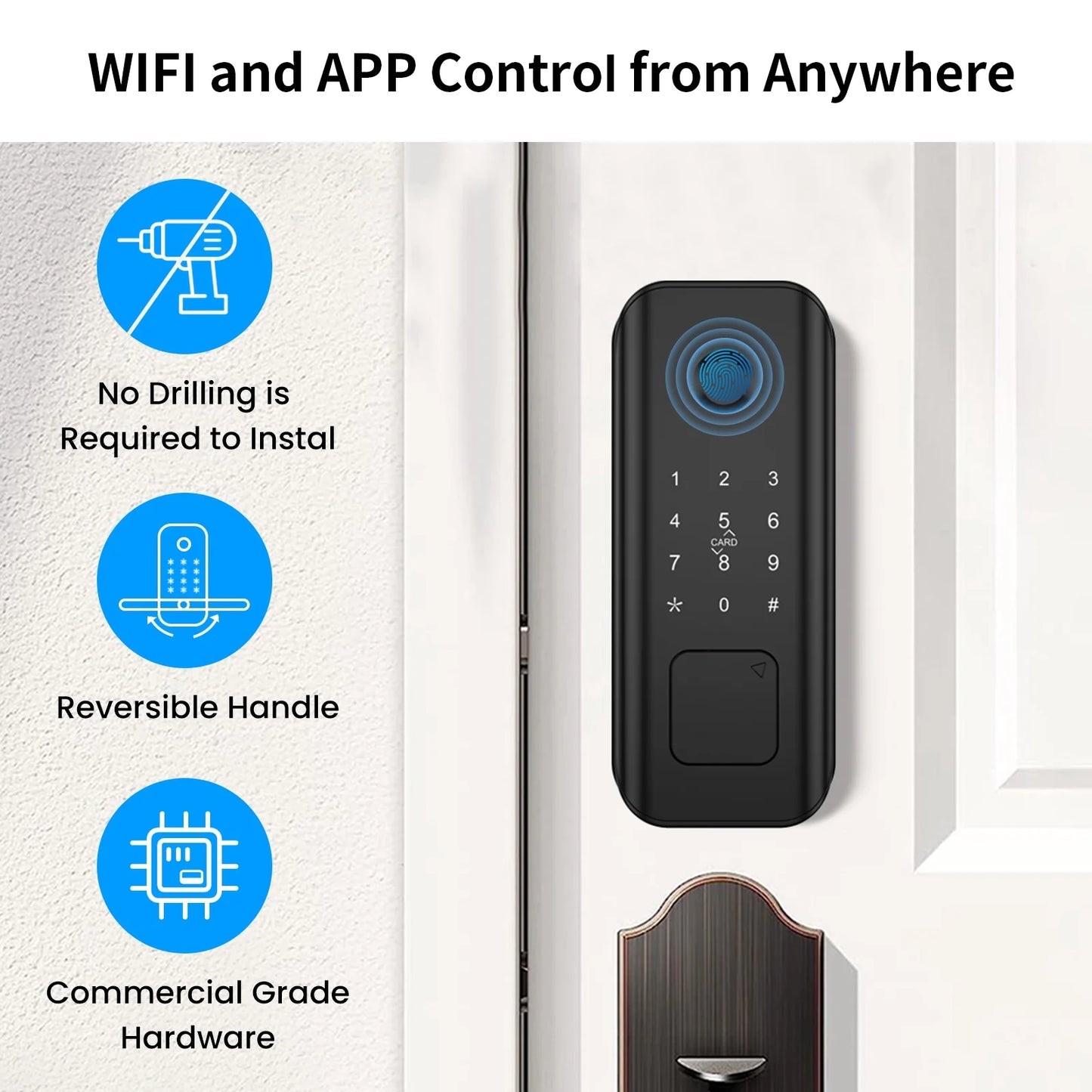 AUOSHI Security Smart Lock Fingerprint Door latch Keyless Entry Wi-Fi Door Lock Wireless Electronic Deadbolt with Touchscreen Keypad doorbell key IC Card App Control IP65 Waterproof Matte Black