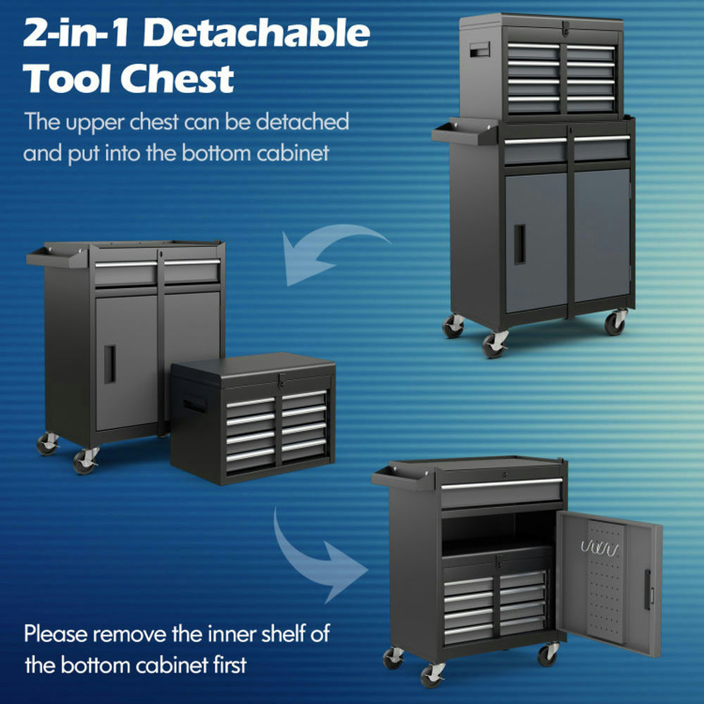 GVN 2-in-1 Rolling Tool Chest with 5 Sliding Lockable Drawers-Black & Gray