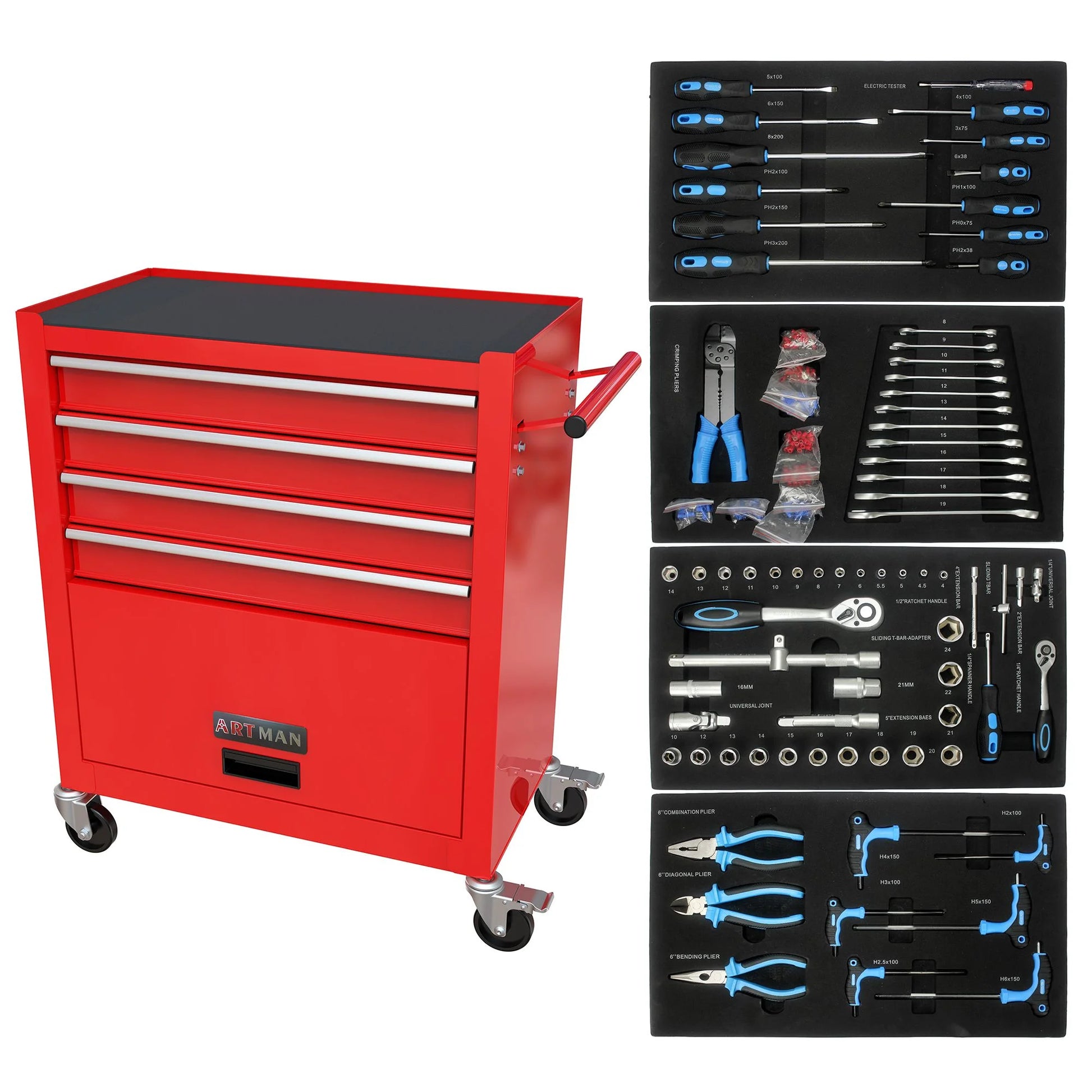 Roromall Rolling Tool Chest Removable Metal Tool Cart Storage Cabinet Tool Set with 4 Wheels Drawers and Tools