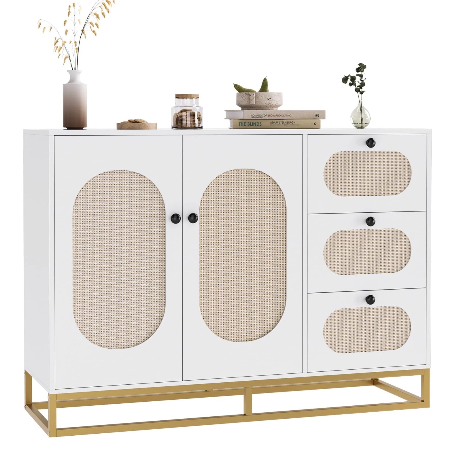 Homfa 3 Drawers Accent Storage Cabinet, 34.2"H Gold Buffet Sideboard with Rattan Doors for Living Room, White