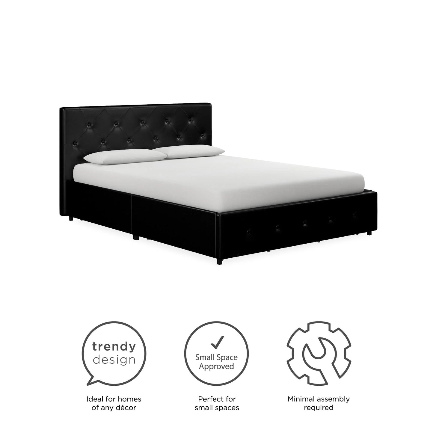 River Street Designs Dean Upholstered Bed With Storage, Black Faux Leather, Queen