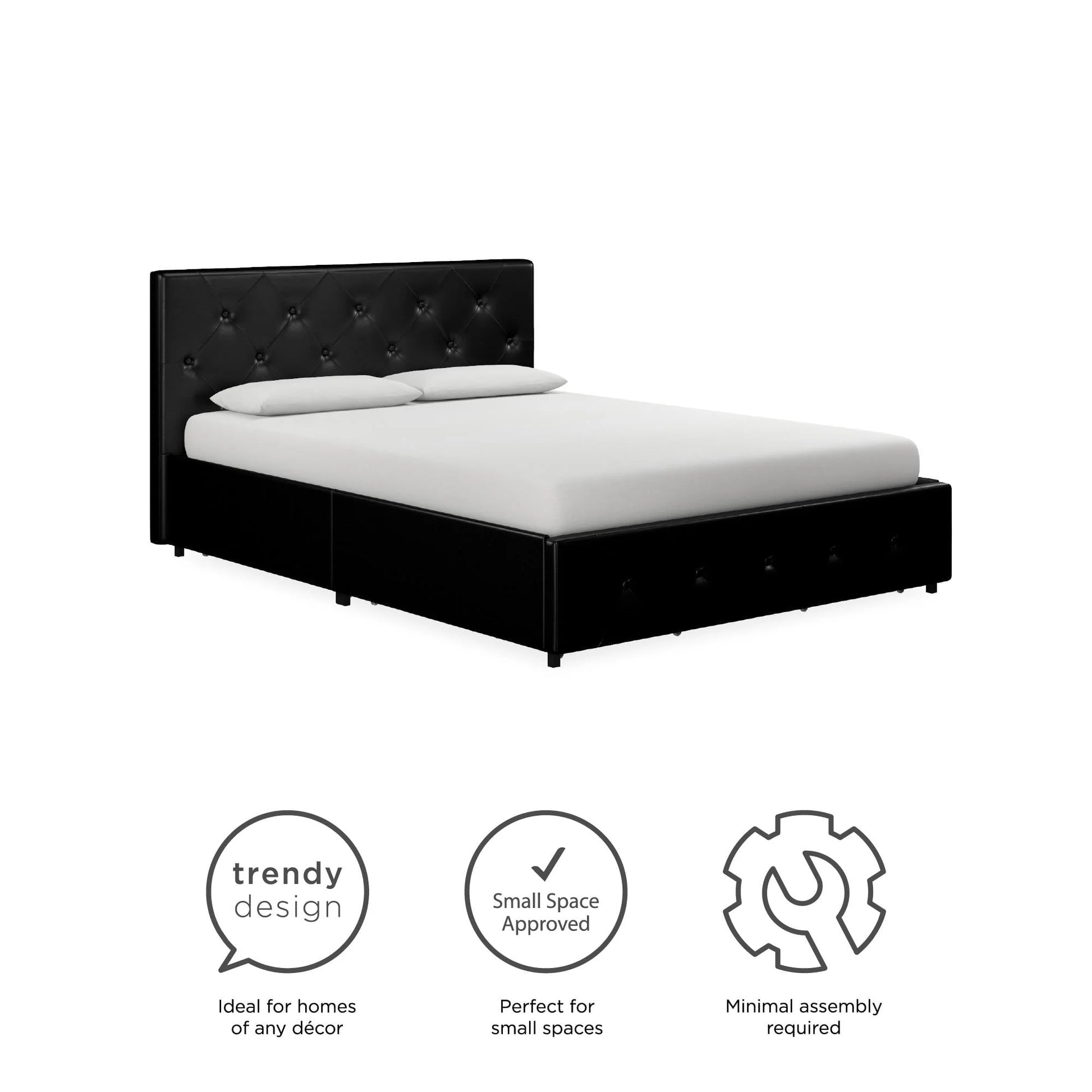 River Street Designs Dean Upholstered Bed With Storage, Black Faux Leather, Queen