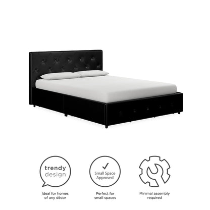 River Street Designs Dean Upholstered Bed With Storage, Black Faux Leather, Queen