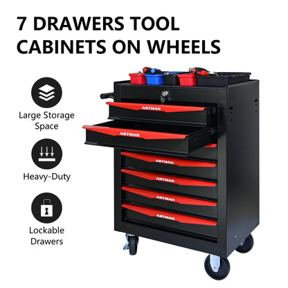 Tool Cabinets Rolling Metal Tool Chest with 7 Drawers, 20" 7-Drawer Tool Chest Cabinet with Ball Bearing Drawer Slides, Steel Tool Storage Box Organizer -BLACK& RED,Garage Tool Cabinets