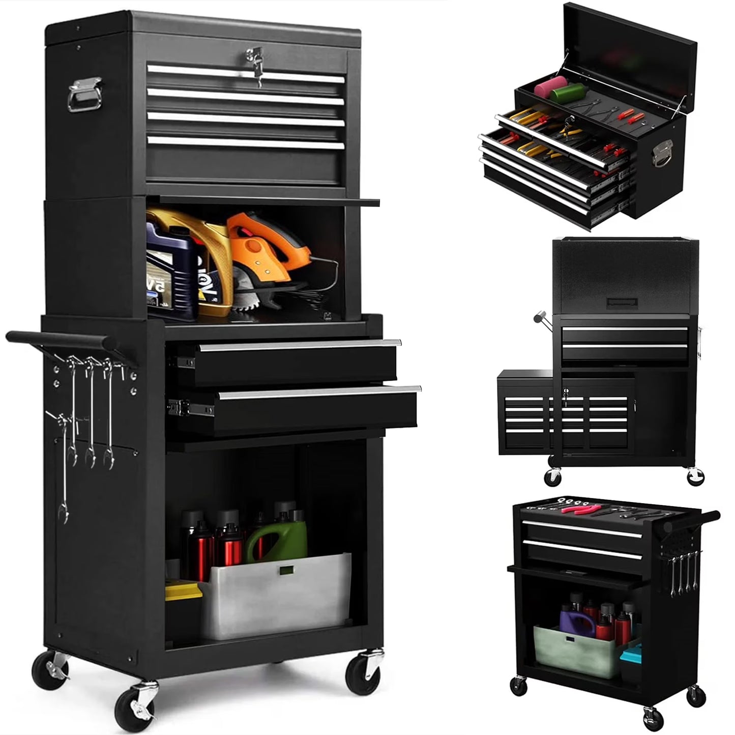 Aukfa Tool Box, 3 in 1 Steel Rolling Tool Chest w/6-Drawers & 2 Cabinet for Garage Workshop, Black