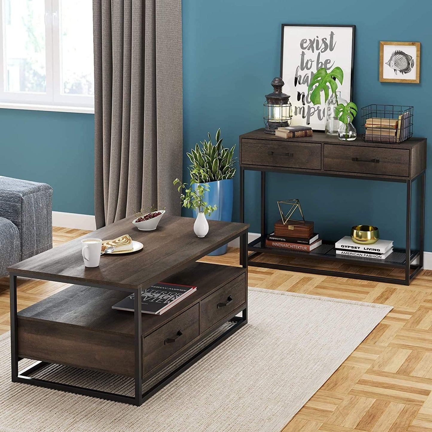 Homfa 43" Coffee Table with Storage Drawers, Wooden TV Stand Center Table for Living Room, Dark Brown