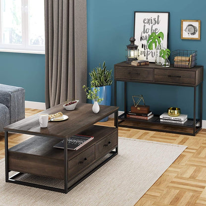 Homfa 43" Coffee Table with Storage Drawers, Wooden TV Stand Center Table for Living Room, Dark Brown