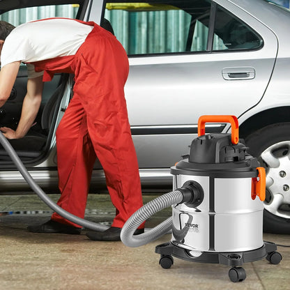 Stainless Steel Wet Dry Shop Vacuum, 5.5 Gallon 6 Peak HP Wet/Dry Vac, Powerful Suction with Blower Function w/Attachment 2-in-1 Crevice Nozzle, Small Vac Perfect for Carpet Debris, Pet Hair