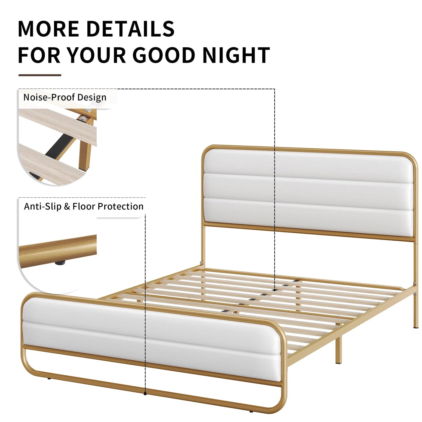 Homfa Queen Size Bed Frame, Gold Metal Tubular Platform Bed with PU Leather Upholstered Headboard, 10.6" Under Bed Storage, White