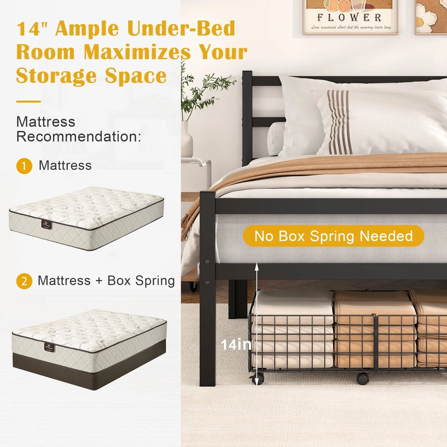 Mr IRONSTONE Heavy Duty Queen Size Metal Platform Bed Frame with Headboard and Footboard 14" High Under Bed Storage Space, No Box Spring Needed, Black